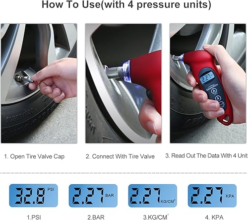 Miniatura 3 de Geartronics Medidor digital de presión de neumáticos 150 PSI 4 ajustes con retroiluminación LCD medidor de neumáticos para automóviles, motocicletas