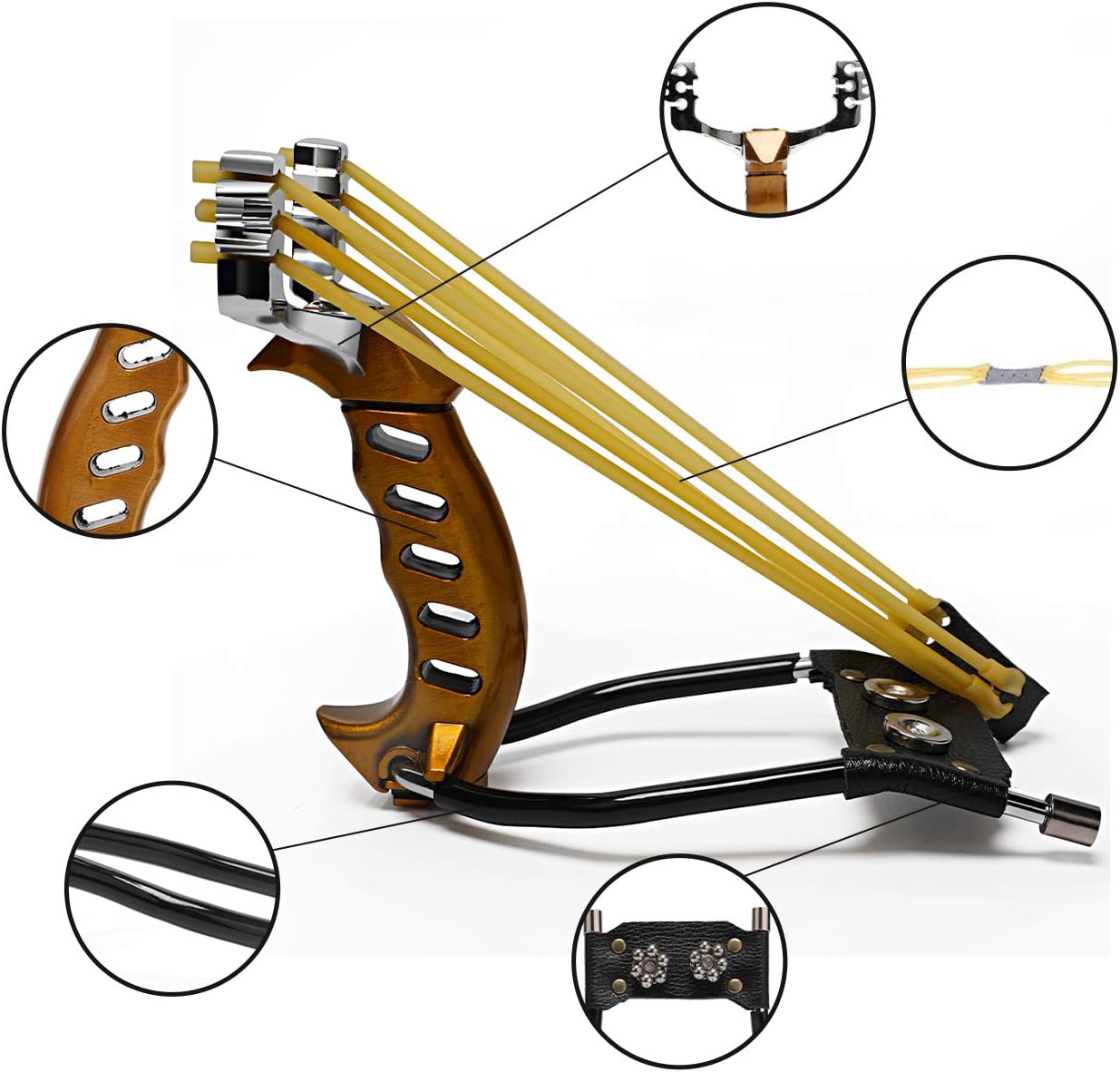 KEVENZ Stainless Steel Wrist Rocket Slingshot, High Velocity Outdoor Hunting Catapult with 3 Rubber Bands and 100 Extra Slingshot Ammo-Golden