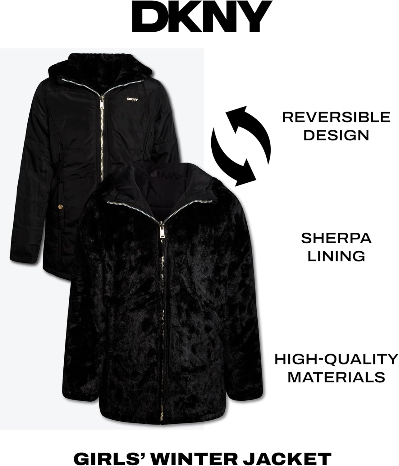 DKNY Reversible Girls Winter Coat - Heavyweight Quilted Jacket with Sherpa Lining Hooded Puffer Jacket Winter Coats for Girls - Image 3