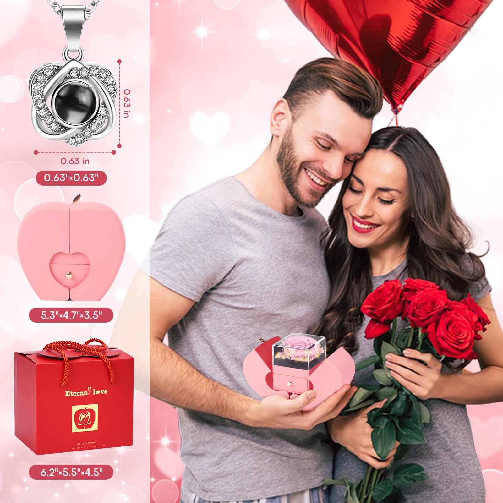 WOKEISE Zakonserwowana prawdziwa róża z naszyjnikiem "I Love You"