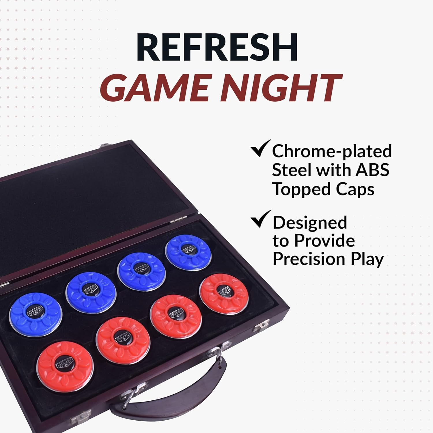 Hathaway Pro-Series Shuffleboard Puck Set – Set of 8 Regulation 2.312-in Pucks with Dimpled Tops, Beveled Edges & Wooden Storage Case – Red/Blue