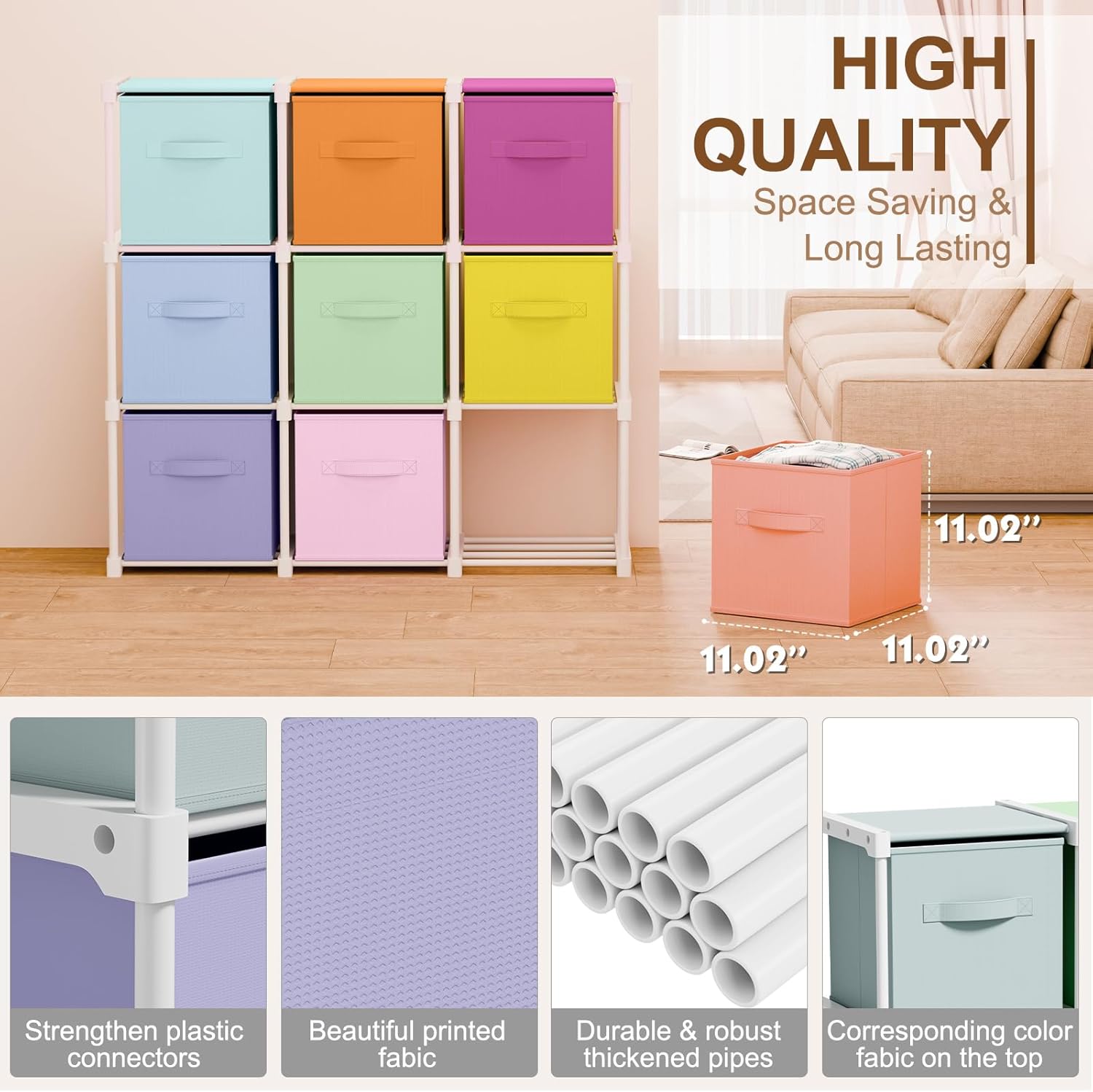 9 Cube Storage Organizer Bins with Shelf 11'' Drawer Dresser for Bedroom Toy Storage Box Back to School Dorm Closet Organizers Drawers Fabric Dresser for Playroom Book (Macaron Colors)