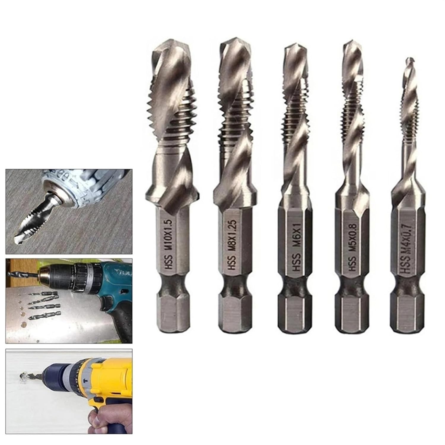 5Pcs Tap Drill Bit Set Hex Shank Thread Metric Tap HSS Screw Thread Bit Screw Machine Compound Tap for Metal Steel Wood Plastic
