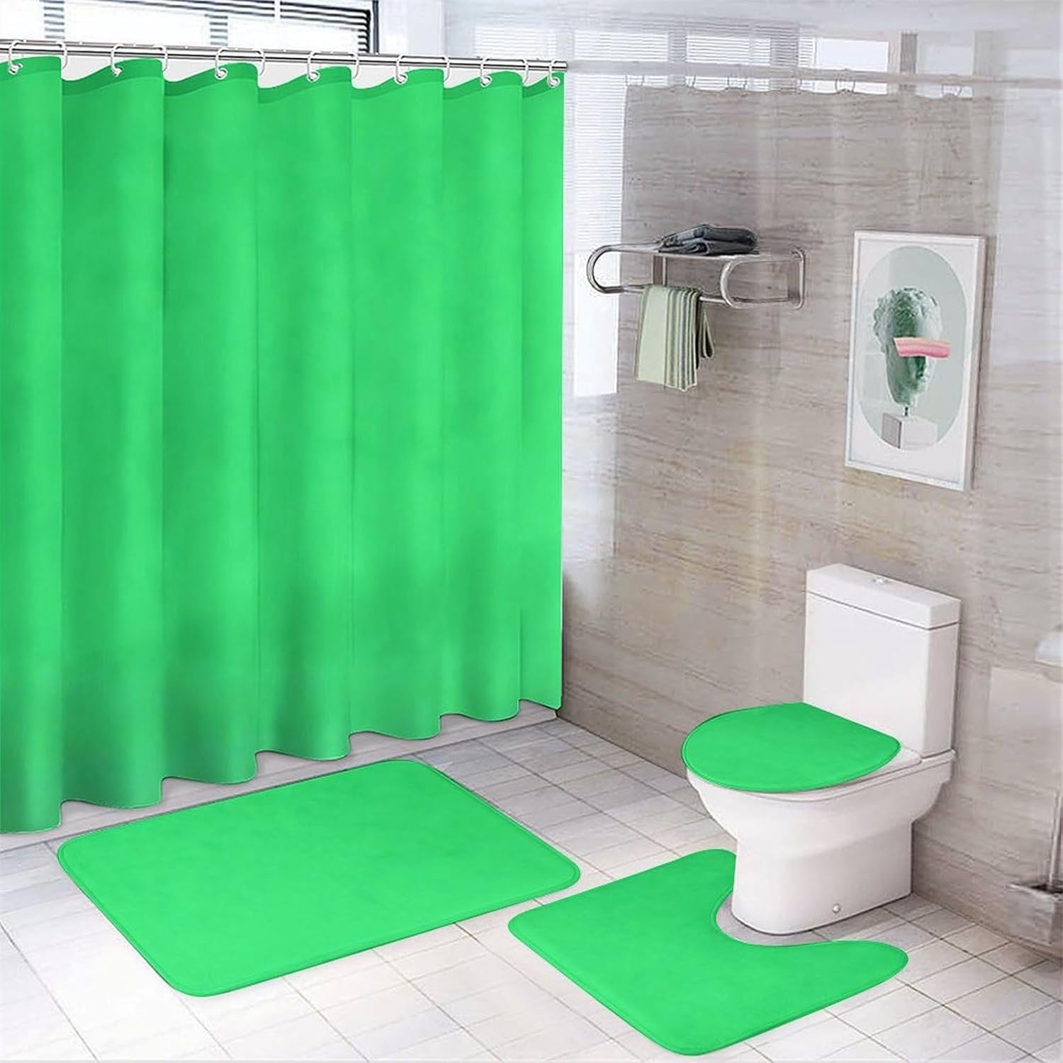 4 Piece Bathroom Rug Set with Shower Curtain, Non-Slip Bath Mat Toilet Cover Set, Green Bathroom Rug Sets