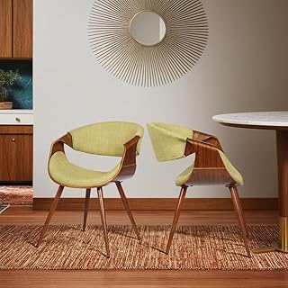 Armen Living Butterfly Mid-Century Dining Chair in Walnut Finish and Green Fabric - Set of 2