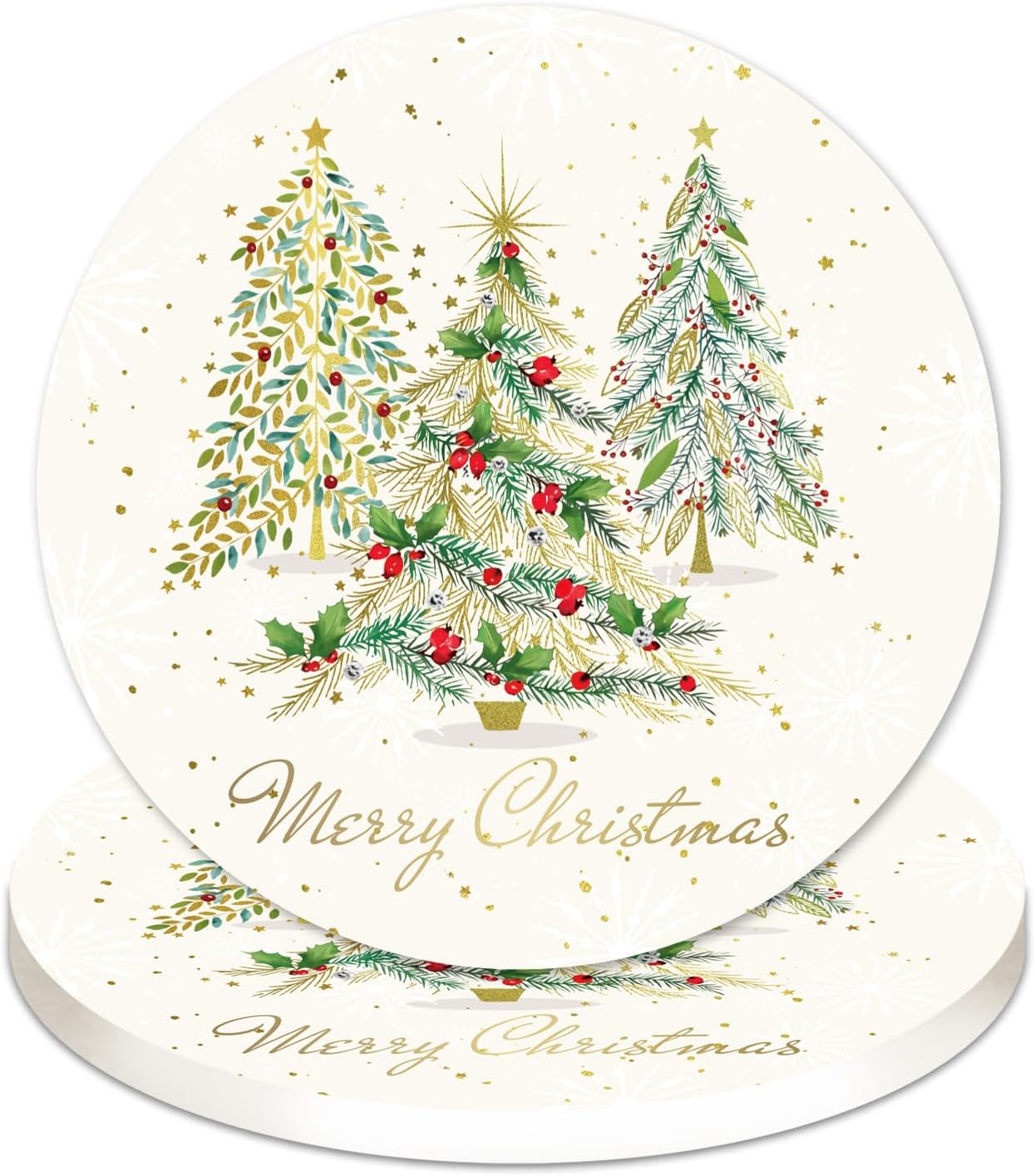 JarThenaAMCS 4Pcs Merry Christmas Coasters, Gold Xmas Trees, 4 Inch