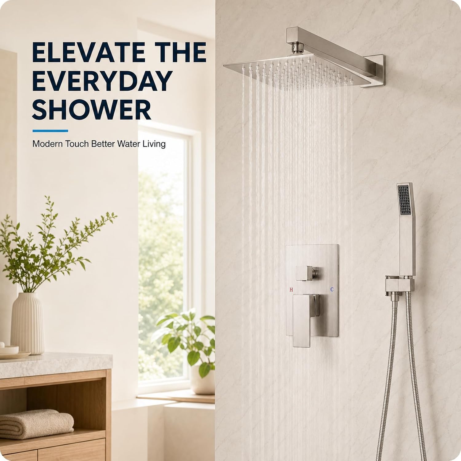 10" Rainfall Shower Faucet Set with Handheld Combo, Brushed Nickel image 2