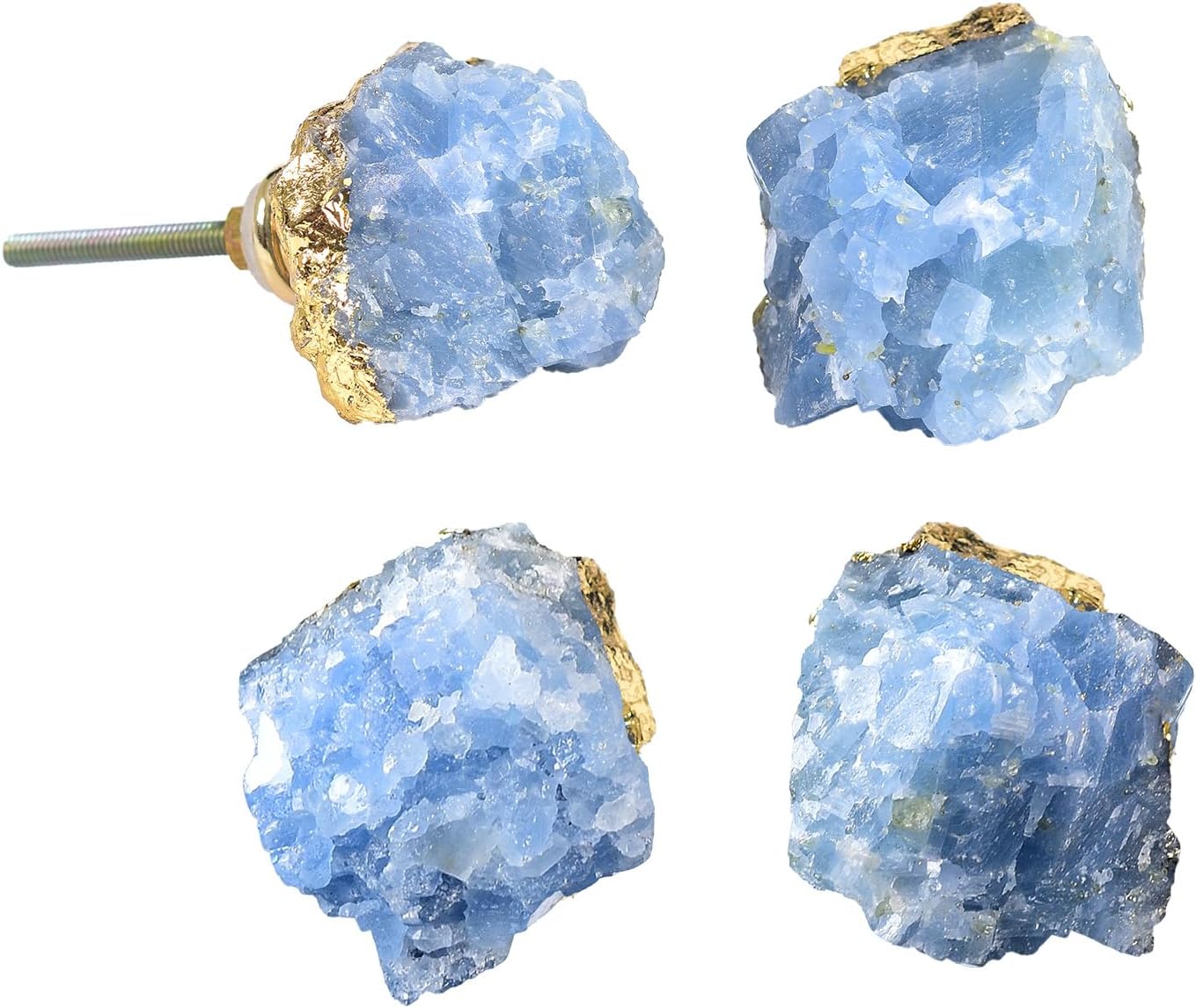 AMOYSTONE Blue Crystal Stone Knobs for Cabinets, Natural Stone Drawer Pulls 4PCS Blue Calcite Crystal Drawer Pulls Knobs with Gold Foil, Rock Irregular 1~1.5" (30-40mm) DIY Decoration