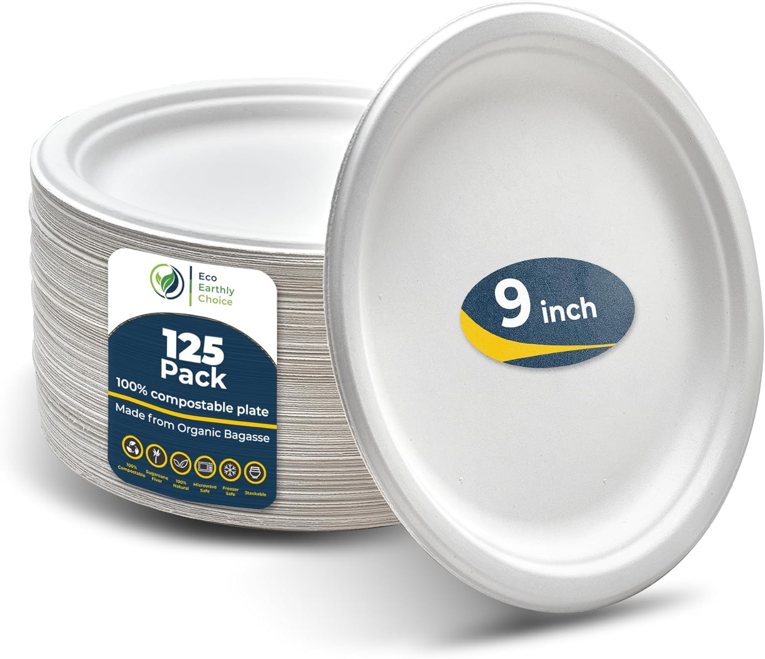 Eco Earthly Choice 9-inch 100% Compostable Paper Plates (125-Pack) – Environmentally Friendly, Disposable, and Biodegradable Sugarcane Plates for Sustainable Living.