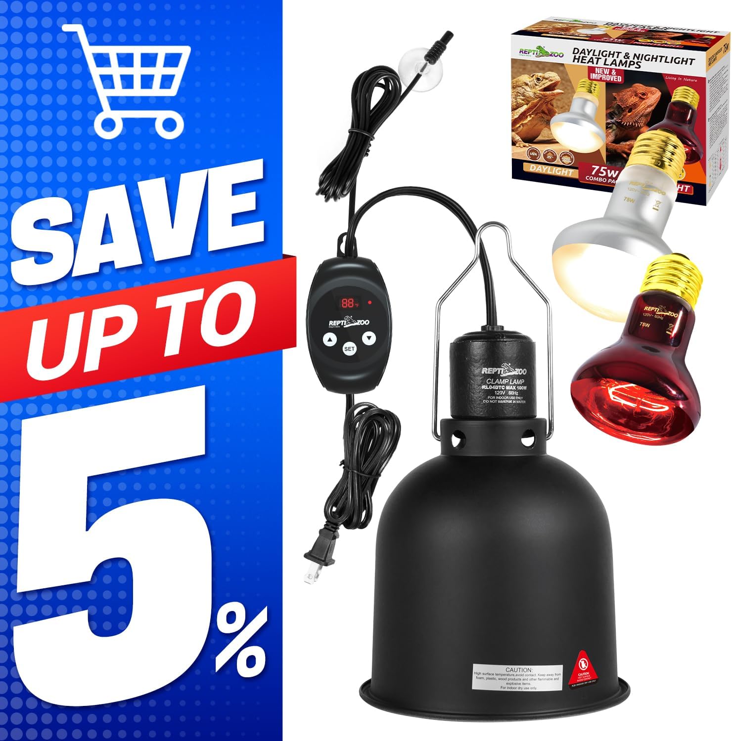 REPTIZOO 75W Reptile Heat Lamp Bulb 2PCS Basking Spot Light Combo Pack & 5.5 Inch Reptile Light Fixture with Dimming Thermostat