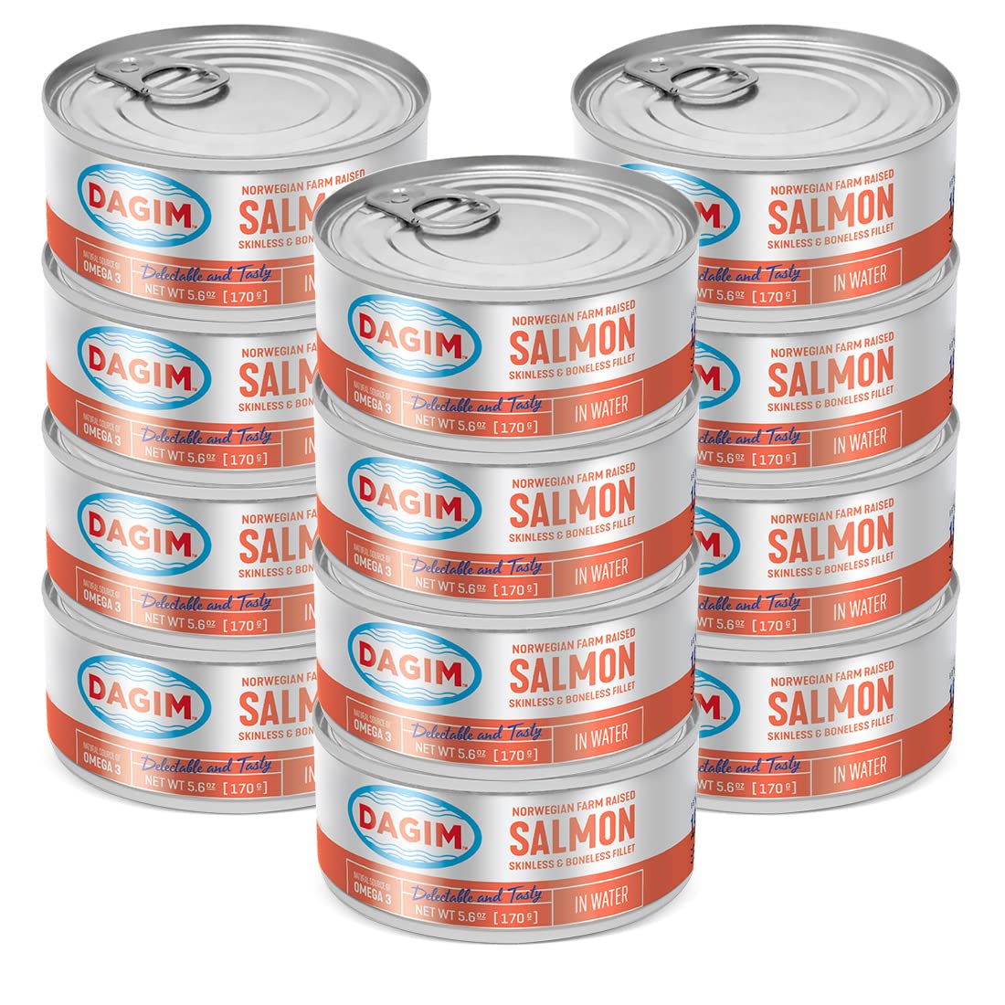 Dagim Norweigan Farm Raised Salmon Fillet in Water 5.6 oz – Skinless and Boneless Canned Salmon - Kosher for Passover – Pack of 12