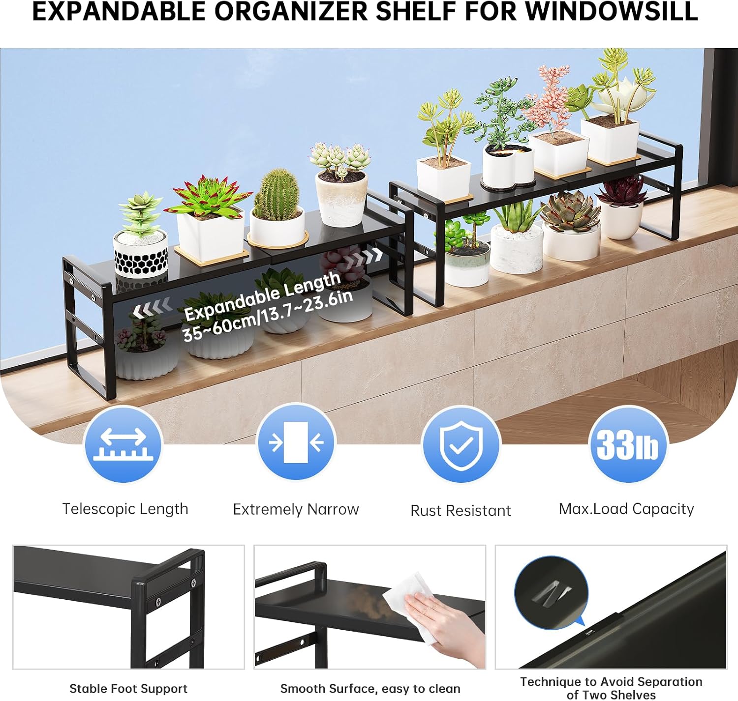 1pc Small Narrow Tall Shelf for Windowsill Kitchen Organizer Stackable Shelves Bathroom Sill Thin Shelves for Narrow Spaces Counter Top Racks (Black, L13.8-23.6'' * W5.9'' * H7.2'')