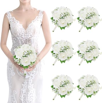 Artificial Bridesmaid Bouquets Set of 6-7 Inch Bridesmaid Bouquets Ivory White Rose Babys Breath Pre-Made Silk Flower Bouquet for Wedding Bridal Shower Centerpiece Ceremony and Anniversary