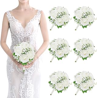 Artificial Bridesmaid Bouquets Set of 6-7 Inch Bridesmaid Bouquets Ivory White Rose Babys Breath Pre-Made Silk Flower Bouquet for Wedding Bridal Shower Centerpiece Ceremony and Anniversary