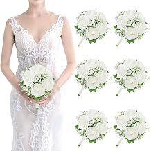 Artificial Bridesmaid Bouquets Set of 6-7 Inch Bridesmaid Bouquets Ivory White Rose Babys Breath Pre-Made Silk Flower Bouquet for Wedding Bridal Shower Centerpiece Ceremony and Anniversary