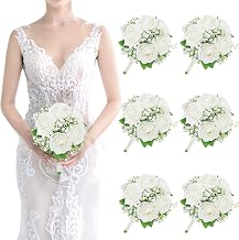 Artificial Bridesmaid Bouquets Set of 6-7 Inch Bridesmaid Bouquets Ivory White Rose Babys Breath Pre-Made Silk Flower Bouquet for Wedding Bridal Shower Centerpiece Ceremony and Anniversary