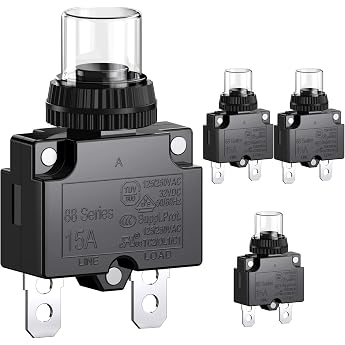 CLDIY 15A Circuit Breaker with Thermal Overload Protection 88 Series Manual Push Button Reset with Quick Connection Terminals and Waterproof Keycap 32VDC or 125/250VAC 4 Pieces