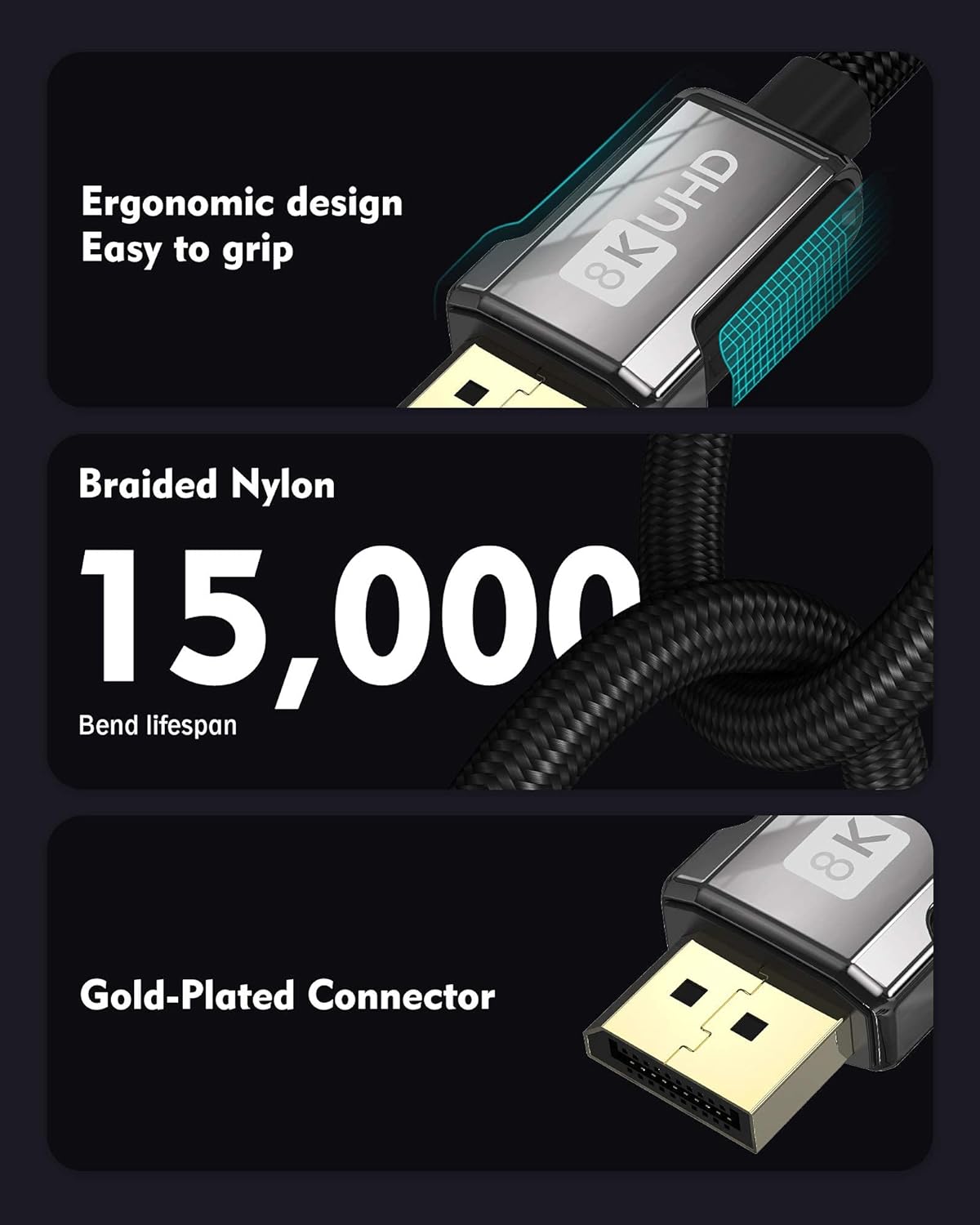 Silkland Displayport Cable 1.4 240Hz, DP 1.4 Cable 2M Support 8K@60Hz, 4K@144Hz, 2K@240Hz, HBR3 32.4Gbps, HDR, DSC 1.2, G-Sync  Free-Sync, Display Port Lead 1.4 for Gaming Monitor, Graphics Card