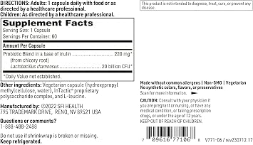 Klaire Labs SFI Health Ther-Biotic Factor 1 Probiotic - Lactobacillus Rhamnosus Single Species Probiotic - 20 Billion CFU - Gut + Immune Support - L Rhamnosus Probiotics - Hypoallergenic (60 Capsules)