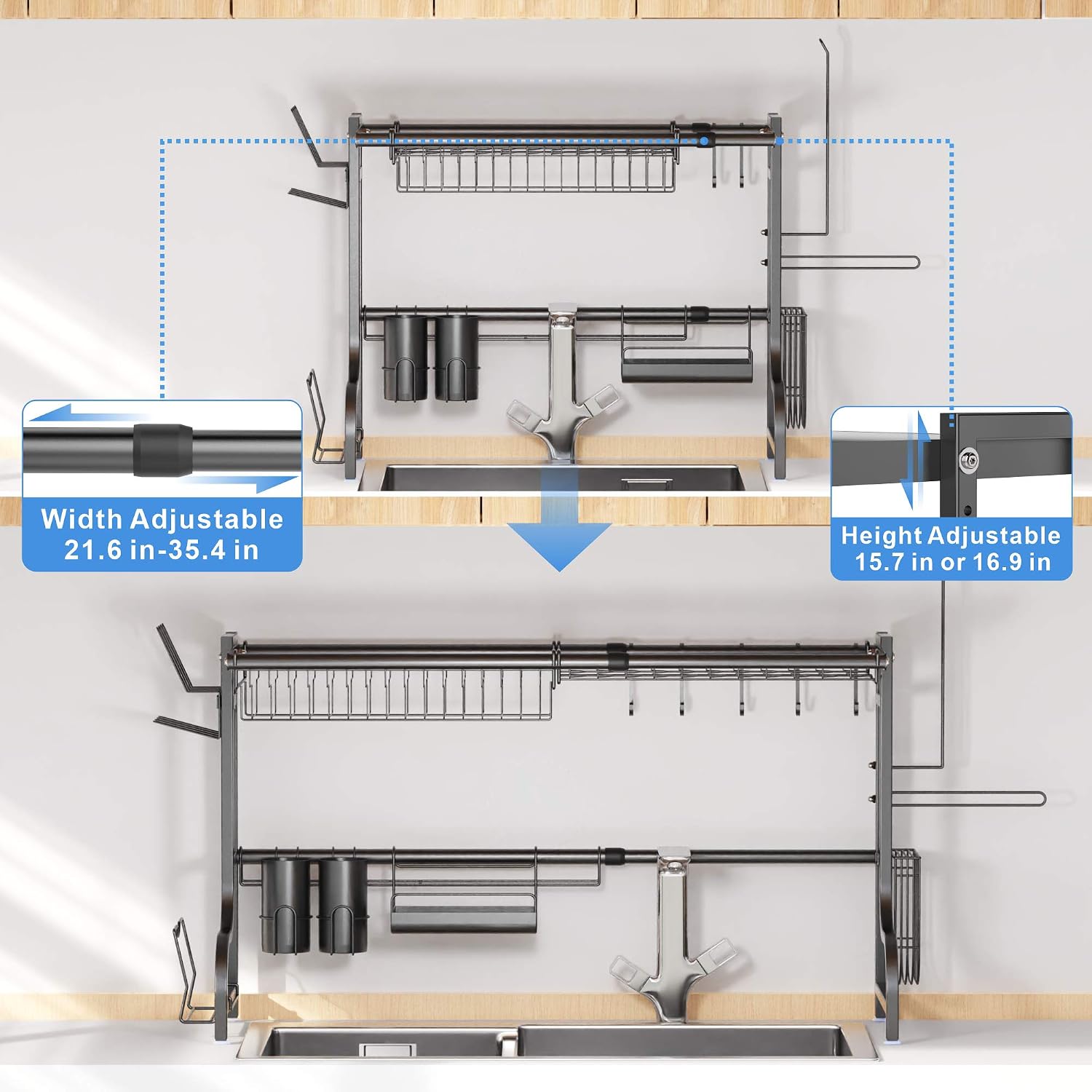 Black Friday - 40% OFF Over The Sink Dish Drying Rack, Cambond Width Adjustable Large Dish Rack Rustproof 201 Stainless Steel Dish Drainer with Cup Holder and Paper Towel Holder (Sink Size ≤ 35.4 in), Black