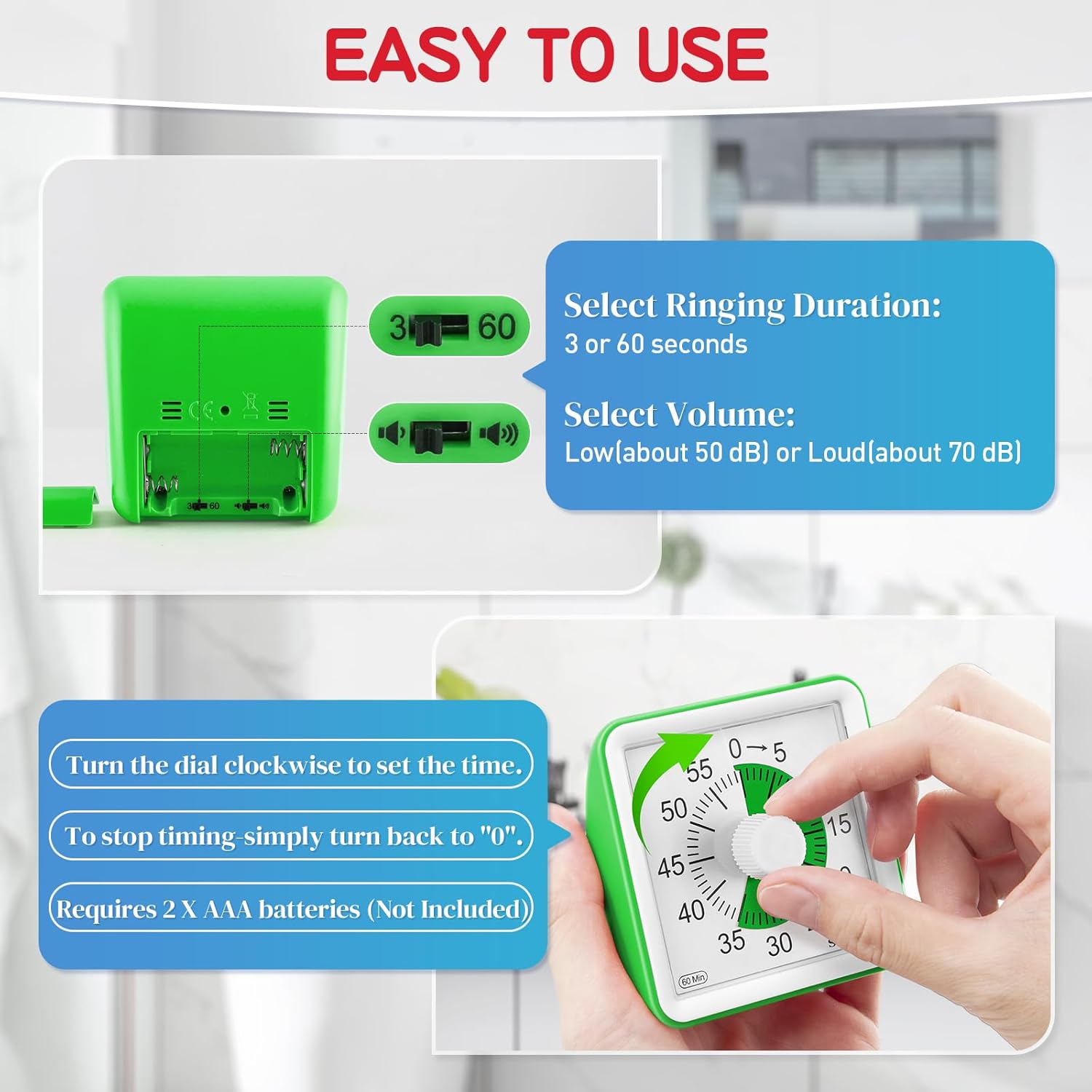 Secura 60-Minute Visual Timer, Classroom Timer, Countdown Timer for Kids and Adults, Time Management Tool for Teaching (Green & Green)