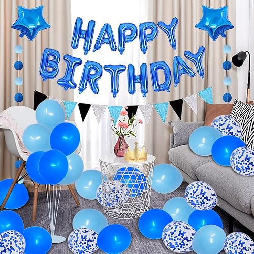 Miniatura 4 de Tema azul 71 para fiesta de cumpleaños de 71 años, pancarta azul de feliz cumpleaños, círculos azules, guirnalda de papel colgante triangular,