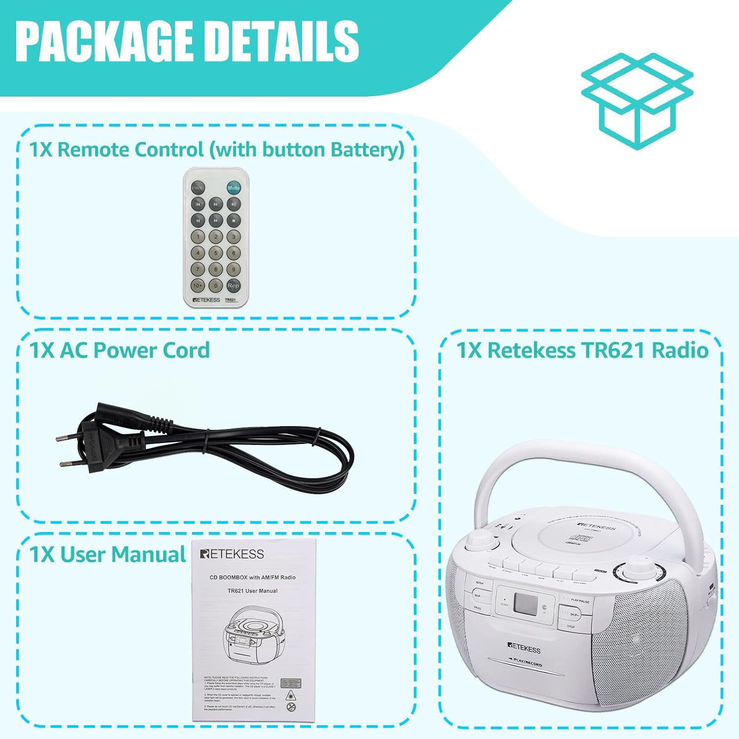 Retekess TR621 Poste Radio CD Lecteur Cassette Audio Boombox Stereo Enregistrement Télécommande USB TF Casque Radio Portable Blanc