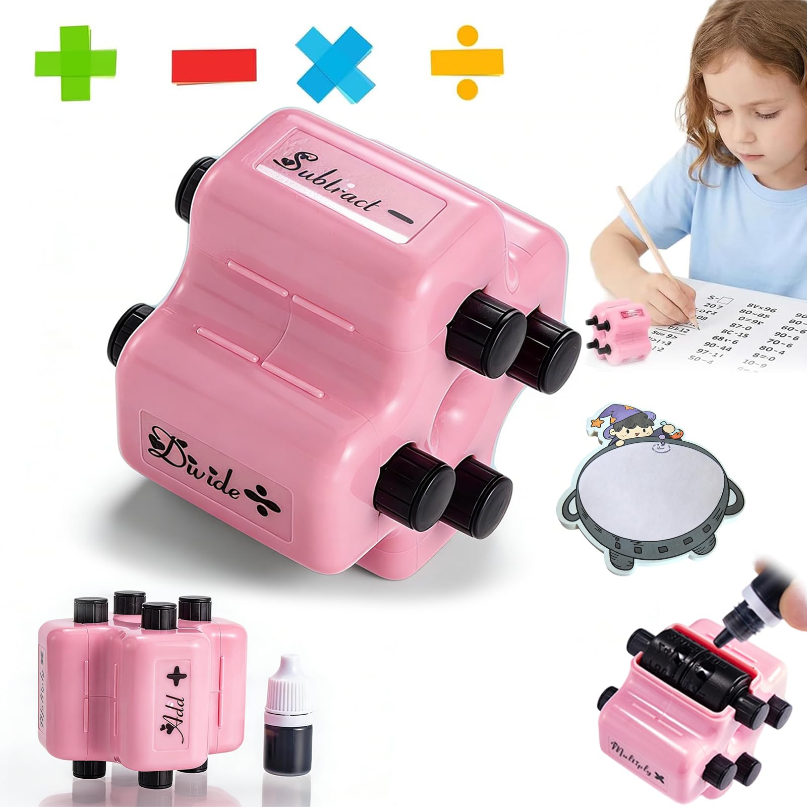 4 in 1 Math Roller Stamp Set - Addition Subtraction Multiplication Division Practice Tool, Upgraded Randomized Digital Roller Stamp, Reusable, for Preschool & Elementary Learning (Pink)