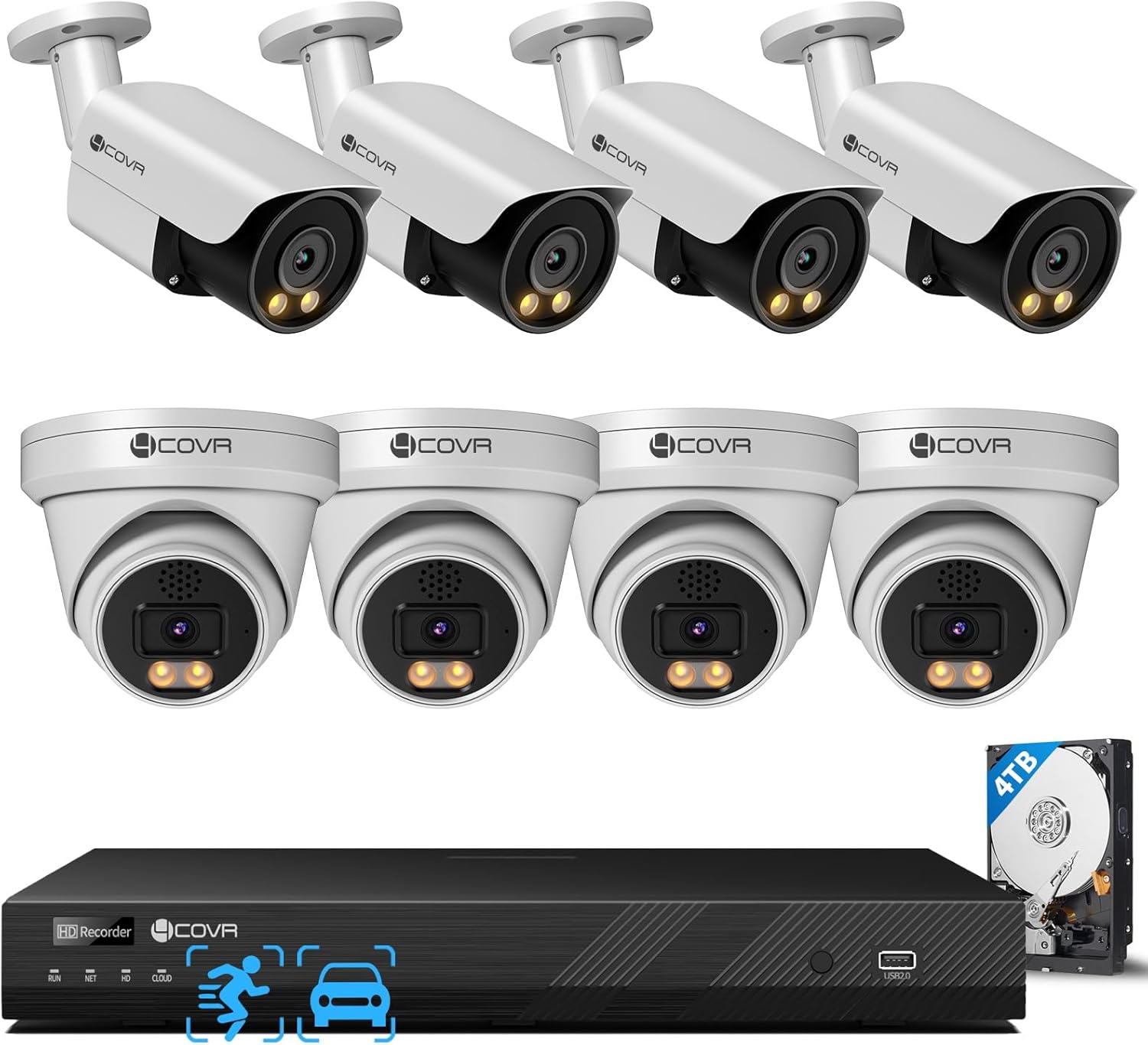 4COVR 16 Channel PoE Security Camera System, 2-Way Audio Talk, Person Vehicle Detection & Smart Color Night Vision, 4K HD 4TB NVR for Businesses, 4 Dome 4 Bullet 5MP Wired IP Camera IP67, LYH37Y5M1608