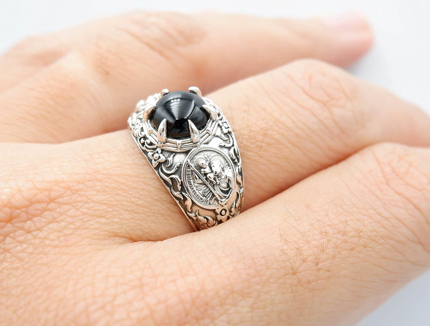 925 Sterling Silver Onyx Catholic Signet Saint Christopher Ring Amulet Jewelry Size 6-15
