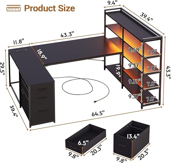 SEDETA 64.5 Reversible L Shaped Gaming Desk with Storage Drawers, Shelves