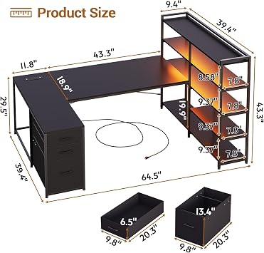 SEDETA 64.5 Reversible L Shaped Gaming Desk with Storage Drawers, Shelves