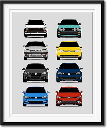 Miniatura 1 de Volkswagen Golf GTI Generations Inspired Car Poster - Handmade Print of VW GTI (Car Models MK1 to MK8) - Multi, 17x22" Metallic Print (Unframed) -
