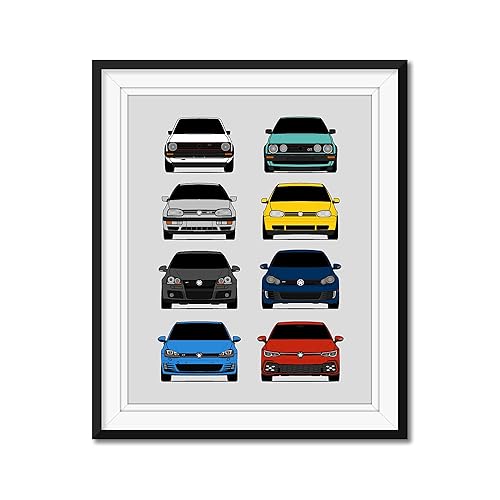 Volkswagen Golf GTI Generations Inspired Car Poster - Handmade Print of VW GTI (Car Models MK1 to MK8) - Multi, 11x14" Metallic Print