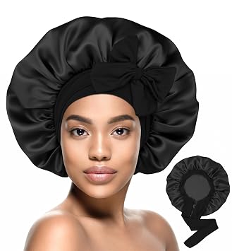 HiRui Silk Satin Bonnet for Sleeping Women, Double-Layer Sleep Cap Shower Cap with Adjustable Tie, Moisture Retaining Satin Lined Hair Bonnet for Curly and Natural Hair Black, Medium