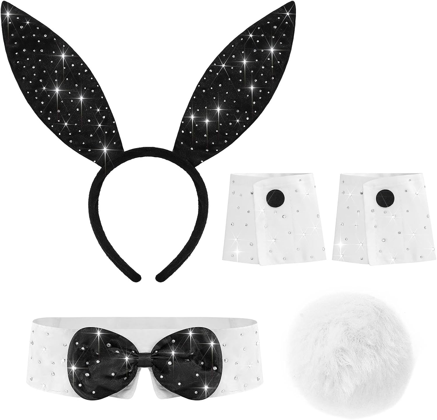 Bohend Rhinestone Bunny Costume Accessory Set - Black Ears Headband, White Cuffs, Bowtie & Tail for Party Cosplay