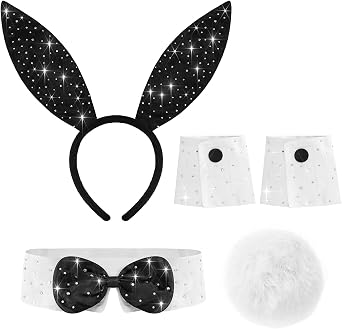 Bohend Rhinestone Bunny Costume Accessory Set - Black Ears Headband, White Cuffs, Bowtie & Tail for Party Cosplay