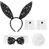 Bohend Rhinestone Bunny Costume Accessory Set - Black Ears Headband, White Cuffs, Bowtie & Tail for Party Cosplay