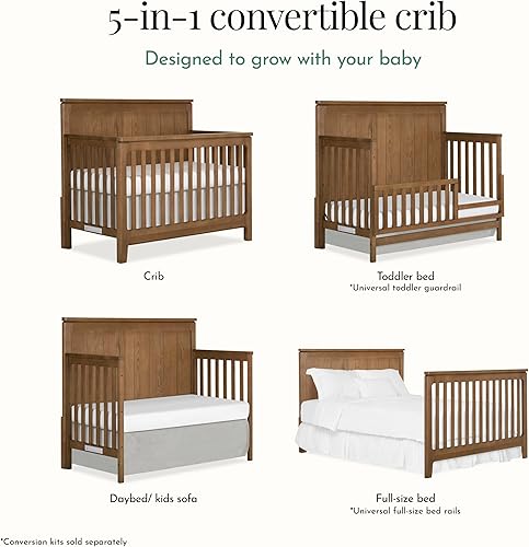 Miniatura 6 de Evolur Oakley 5-en-1 Cuna convertible de tamaño completo para bebé en nogal, GreenGuard Gold y JPMA, 3 alturas de colchón, se convierte en cama