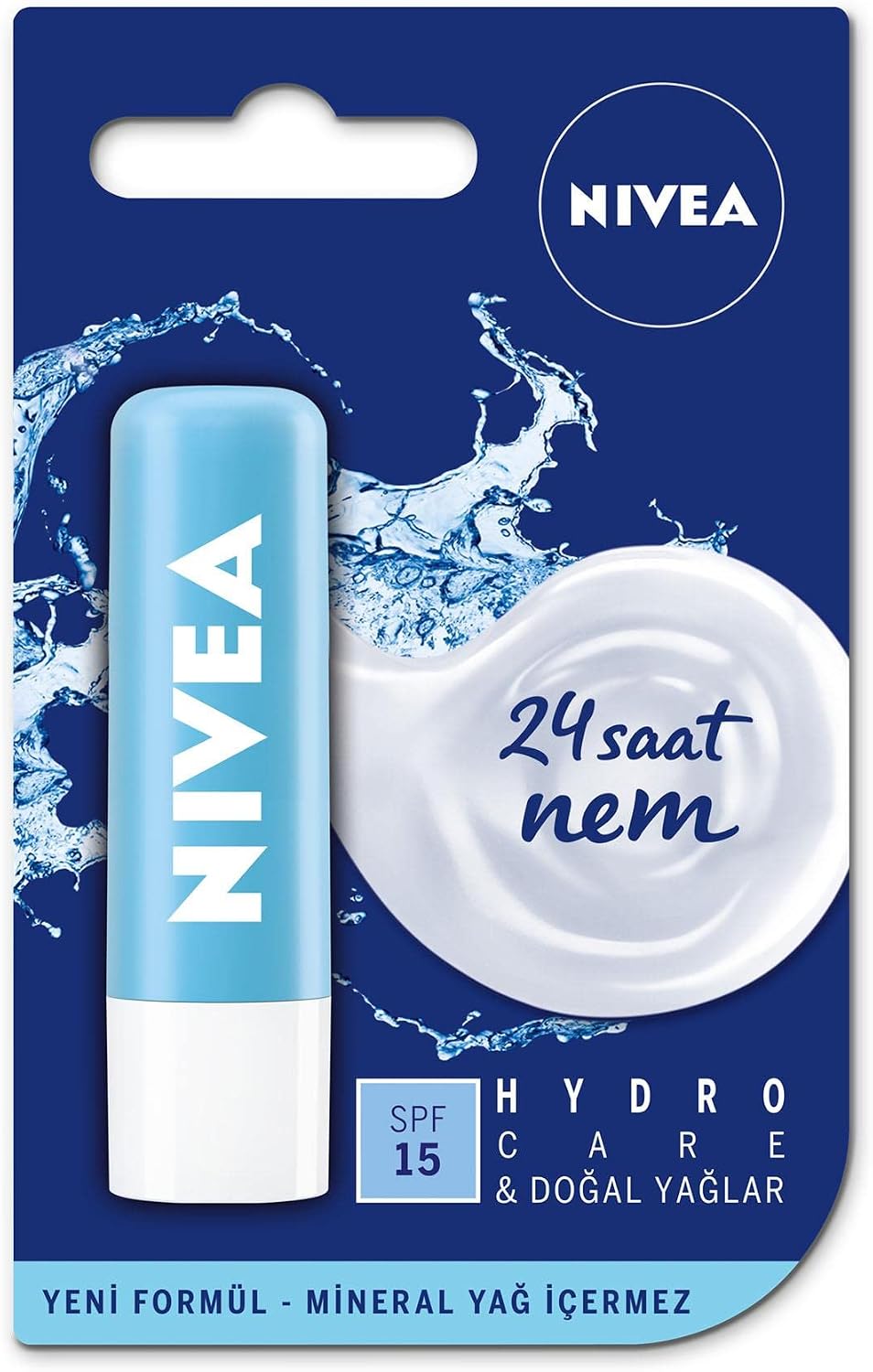NIVEA Hydro Care Dudak Bakım Kremi, 24 Saat Nem, Aloe Vera, Saf Su ve Doğal Yağlar, SPF 15, Gün Boyu Dudak Bakımı (4,8g)