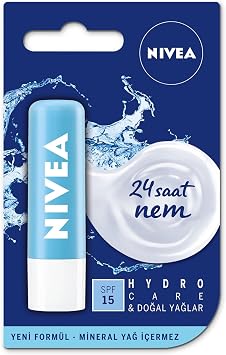 NIVEA Hydro Care Lip Care Cream, 24 Hour Moisture, Aloe Vera, Pure Water and Natural Oils, SPF 15, Lip Care All Day (4.8g)