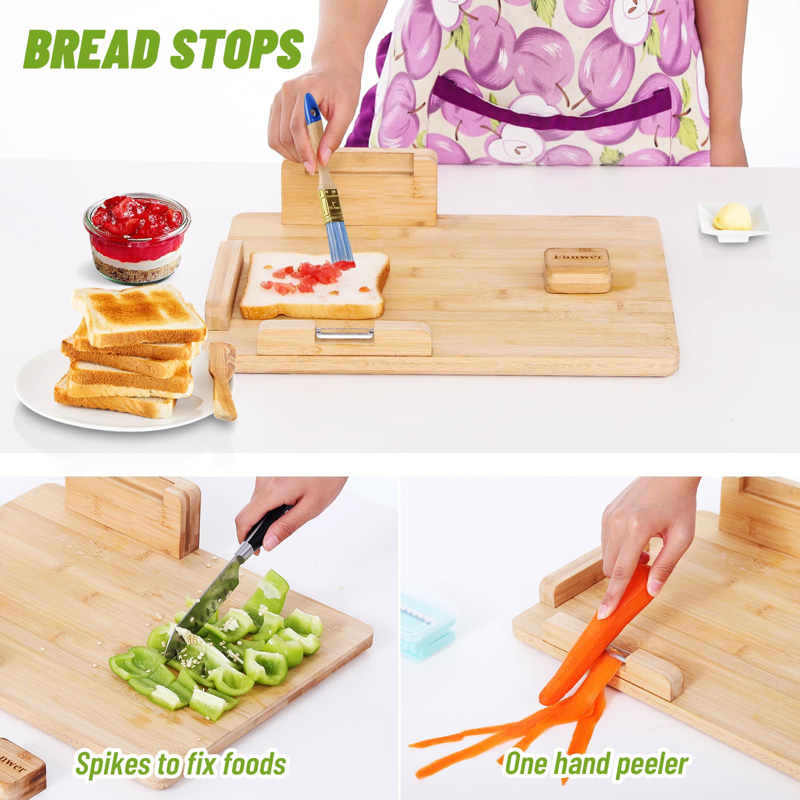 Fanwer Tabla de cortar adaptable con una sola mano, antideslizante con topes de pan y pinchos, perfecta para amputados y discapacitados, con una sola mano para cortar y cortar sin esfuerzo, tabla de