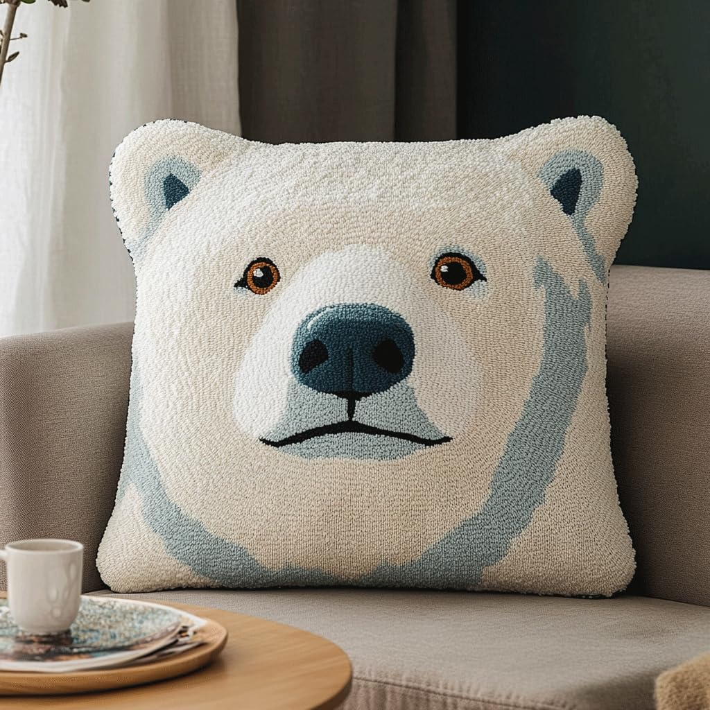 Asonglingo Latch Hook Kit Cushion Latch Hook Kit, Diy Pillow Materials Hooks Knitted Embroidered Pillow Embroidery Latch Hook Carpet Kit,17X17inch(Animal Polar Bear)
