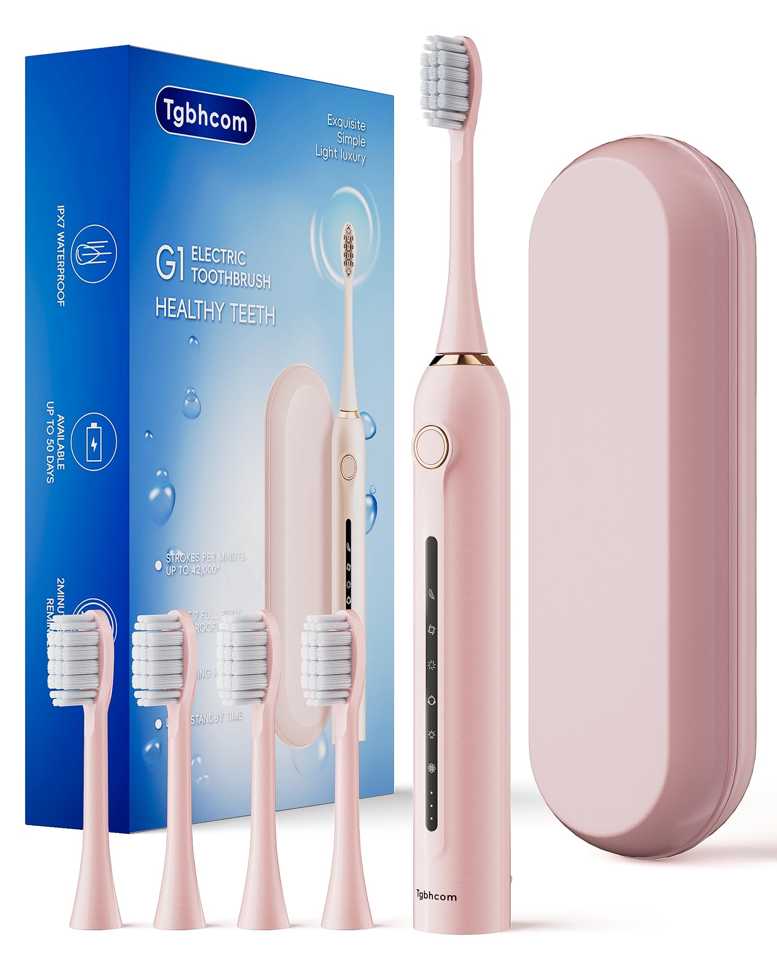 Tgbhcom Pink Electric Toothbrushes, with 4 Brush Heads, 1 Travel Toothbrush Case, for Adults and Kid Electric Toothbrush, Long 180-Day Battery Life, 6