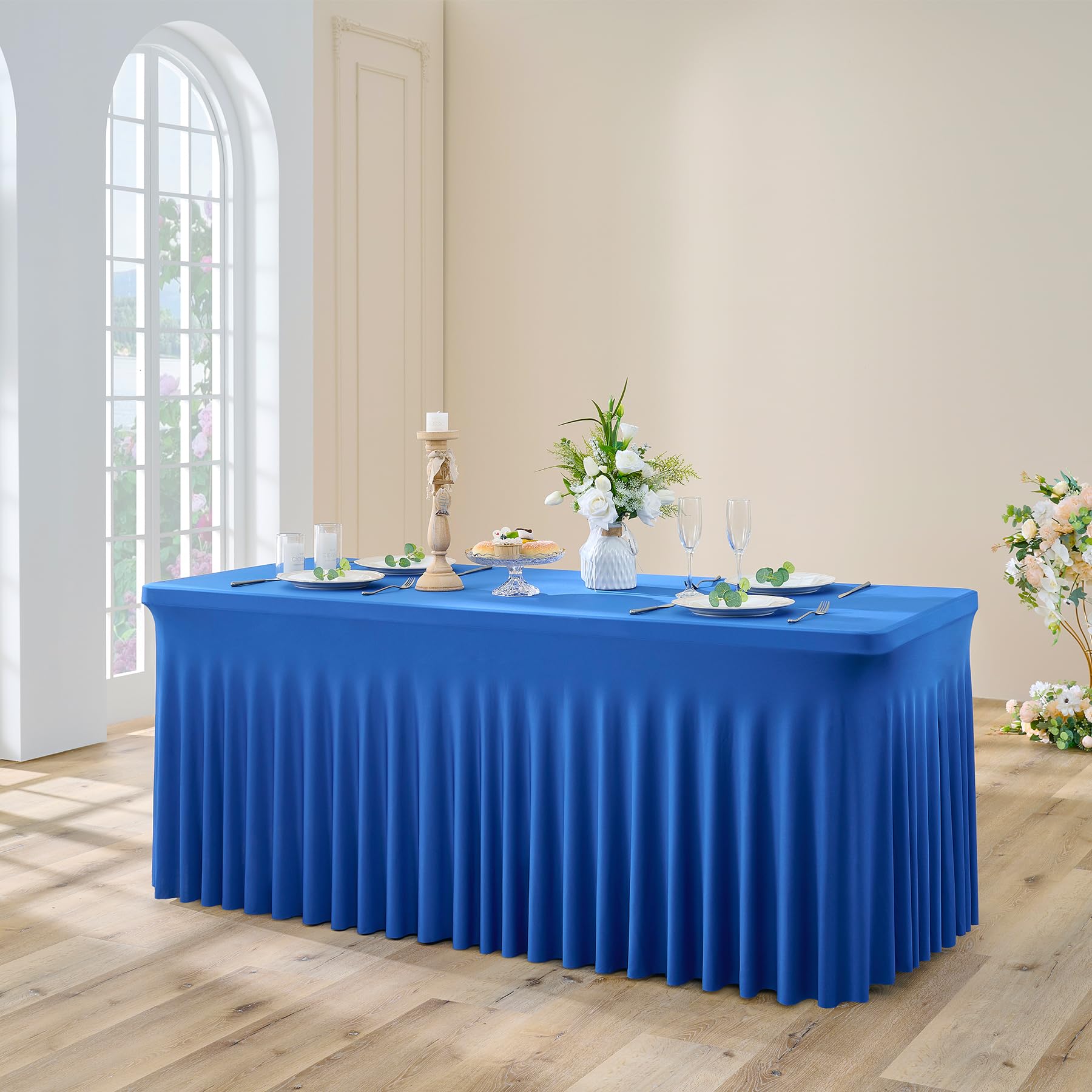 NSSONBEN 2-Pack Royal Blau Spandex Tischdecke für 180cm Rechteck Tische, Faltenfreie Stretch Tischdecke mit Rock für Bankett Party Hochzeit Geburtstag Meeting Display Dekoration Tischdecken
