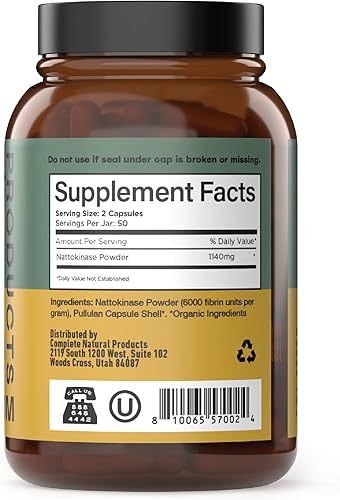 Miniatura 2 de Complete Natural Products Cápsulas Nattokinase – 100 unidades de 570 mg 6000 Fu'S, apoyan la circulación saludable, enzimas natto, sin gluten,