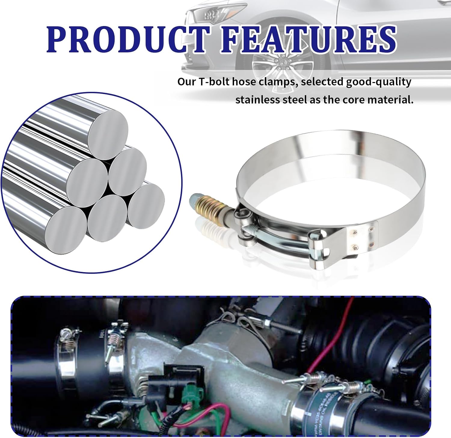 2PCS T Bolt Hose Clamp with Reinforced Spring,Stainless Steel Heavy Duty Hose Clamps Adjustable Range 4"-4.25"(102-110mm),Universal T-Bolt Hoses Clamps for Turbocharger/Hoses/Pipe (4"-4.25")