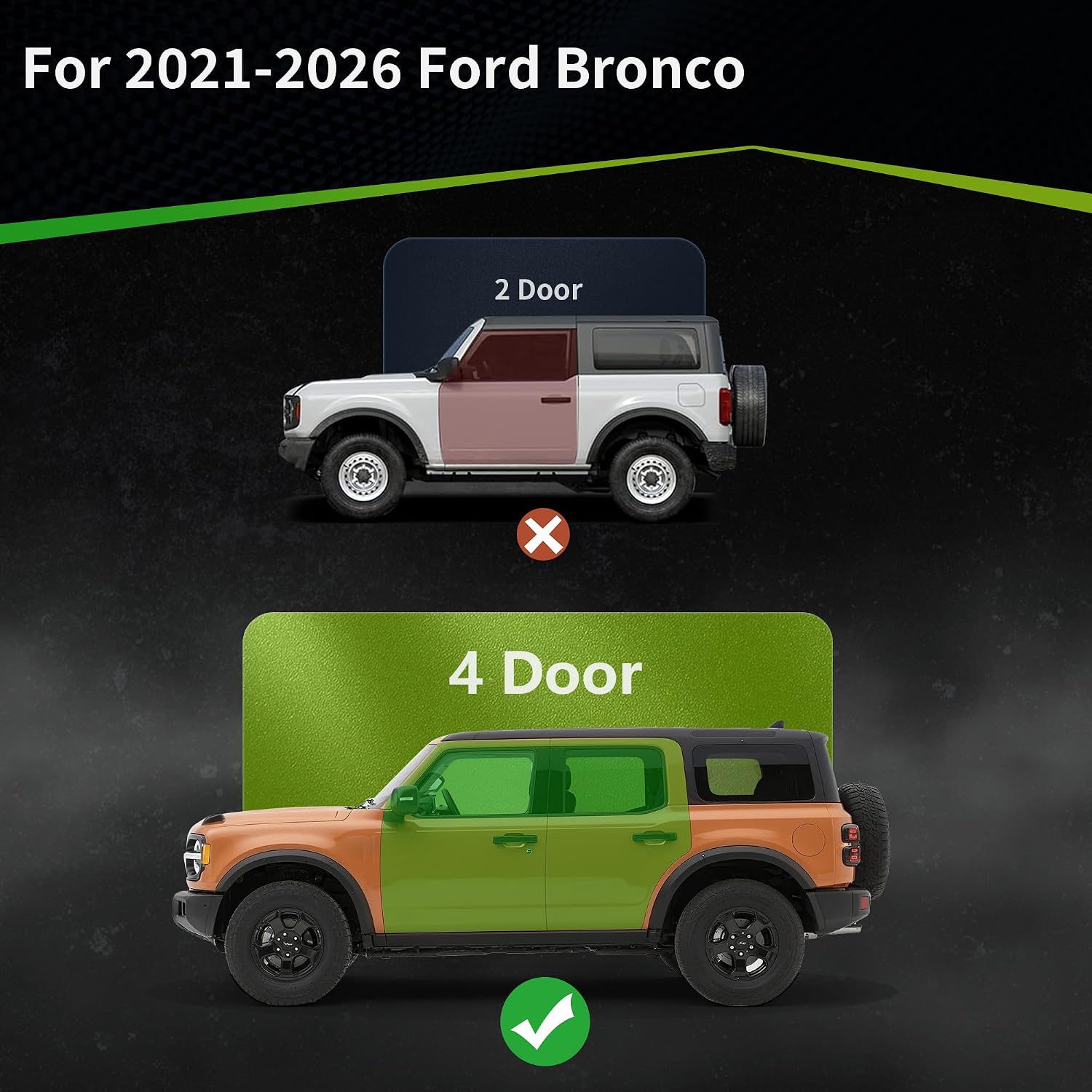 Two-Stairs Running Boards Compatible with 2021 2022 2023 2024 2025 2026 Ford Bronco 4 Doors, 6" Side Step Rails Coated Black Carbon Steel Nerf Bars