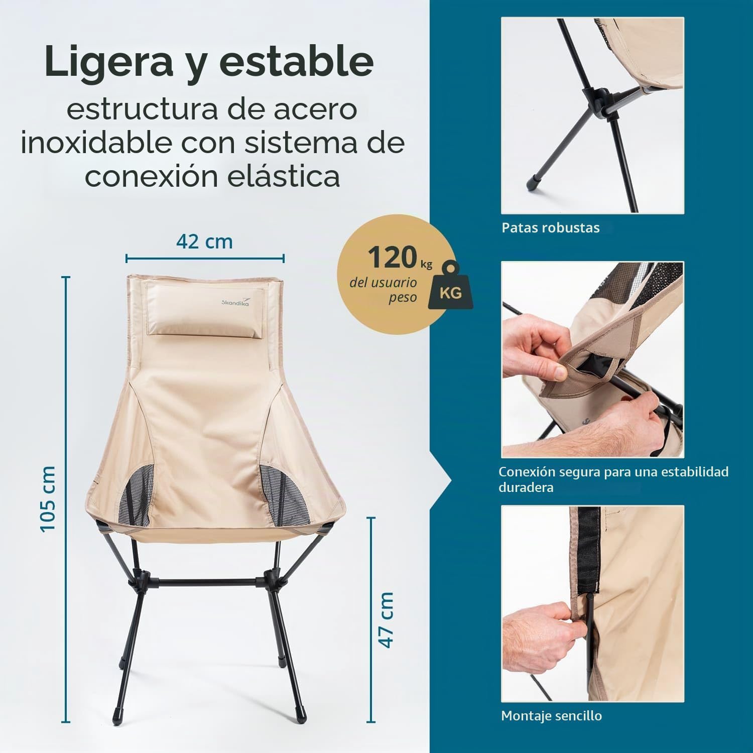 skandika Silla de Camping Solig - Silla Plegable | hasta 120 kg - Estructura de Acero, Respaldo Acolchado - Inserciones de Malla (Beige)