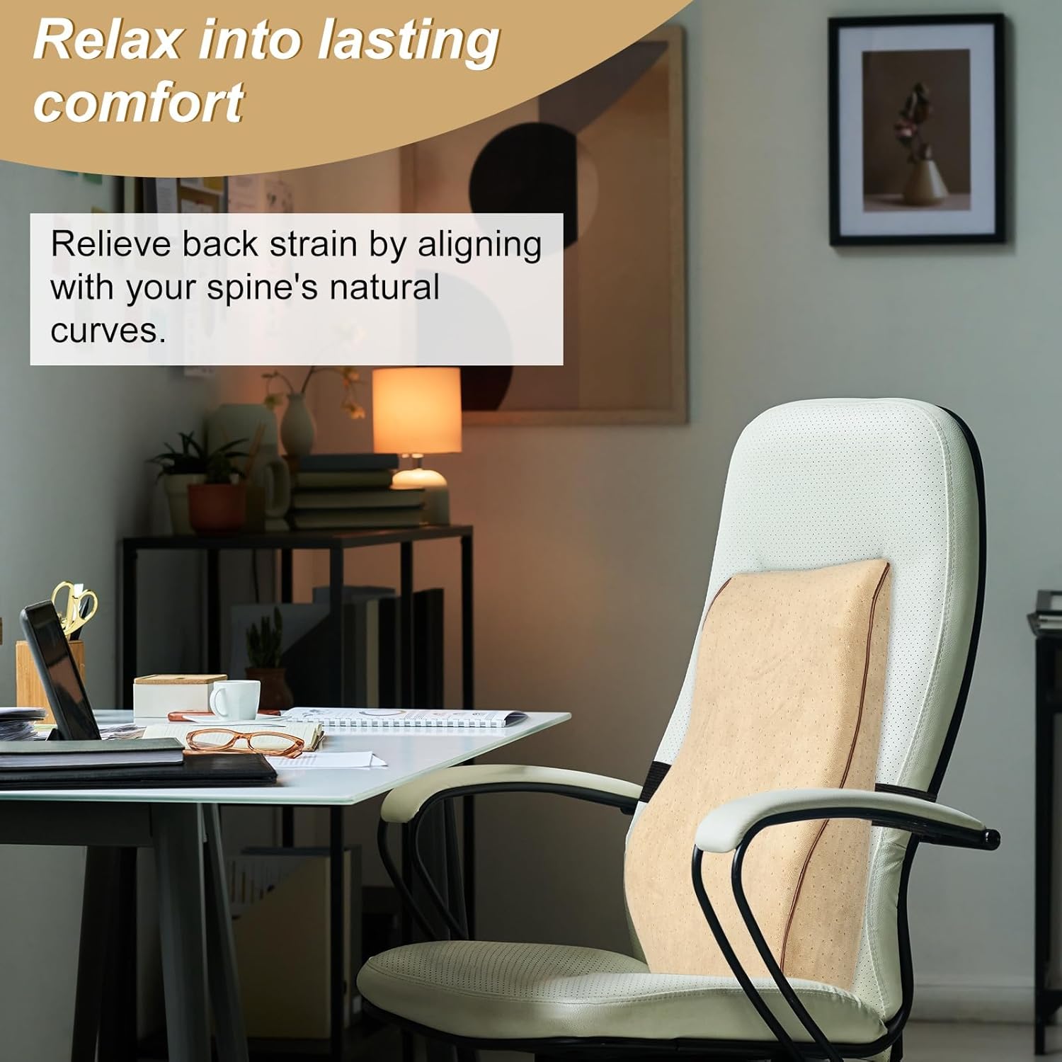 HARFINGTON Lumbar Support Pillow Memory Foam Gaming Office Chair Desk Ergonomic Back Cushion for Home Office Car Seat, Camel